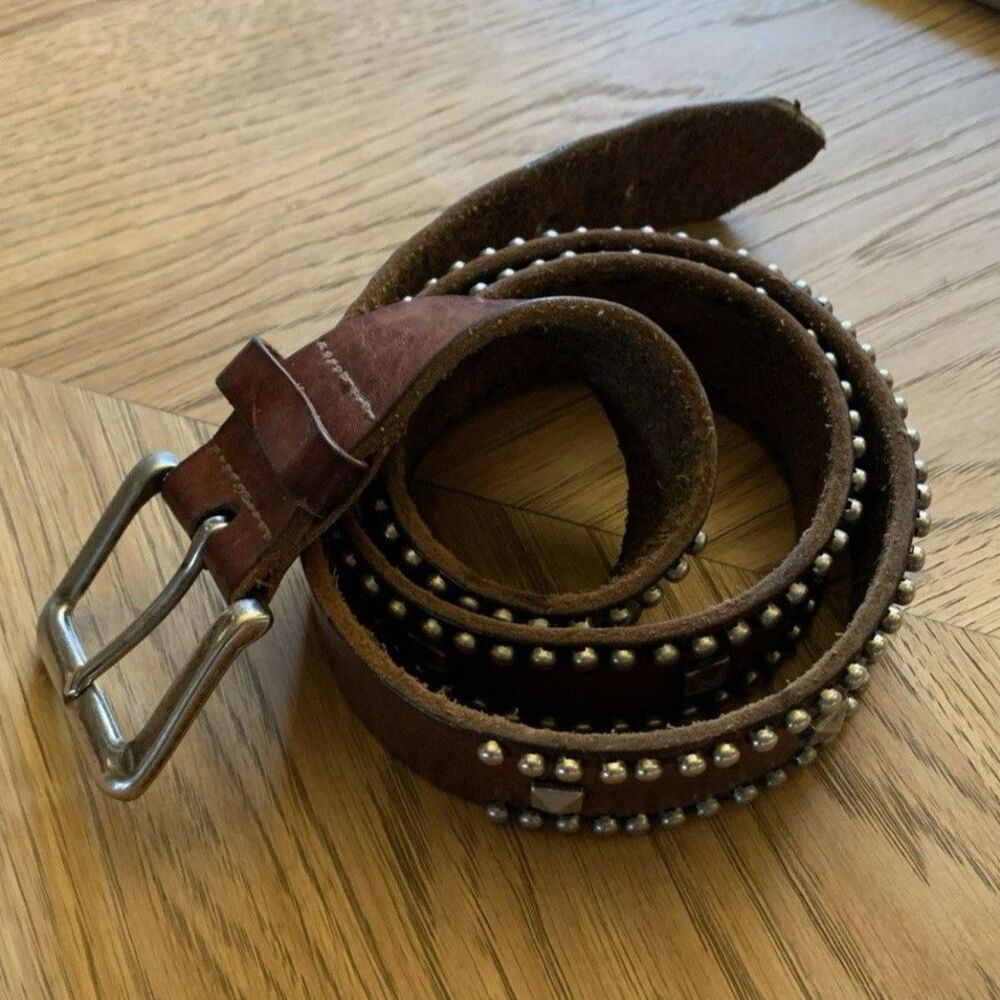 Belt Handmade Silver Trim Studded Leather 1 3/8" Wide Copper Brown Sz 32-34W EUC